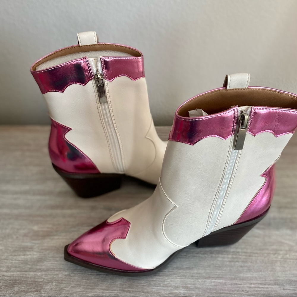 Corky’s Hot Metallic Pink & White Side Zip Ankle Pointed Toe Boots Shoes 8 - Picture 8 of 11
